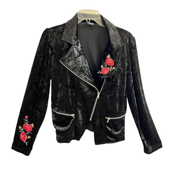 Disney Other - Disney Coco Junior Teen XL Moto Jacket Black Velvet Velour Rose Embroidered